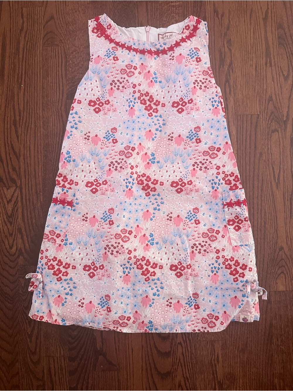 cheeky plum Pink Floral Print Sleeveless Shift Dress with Red and Blue Accents